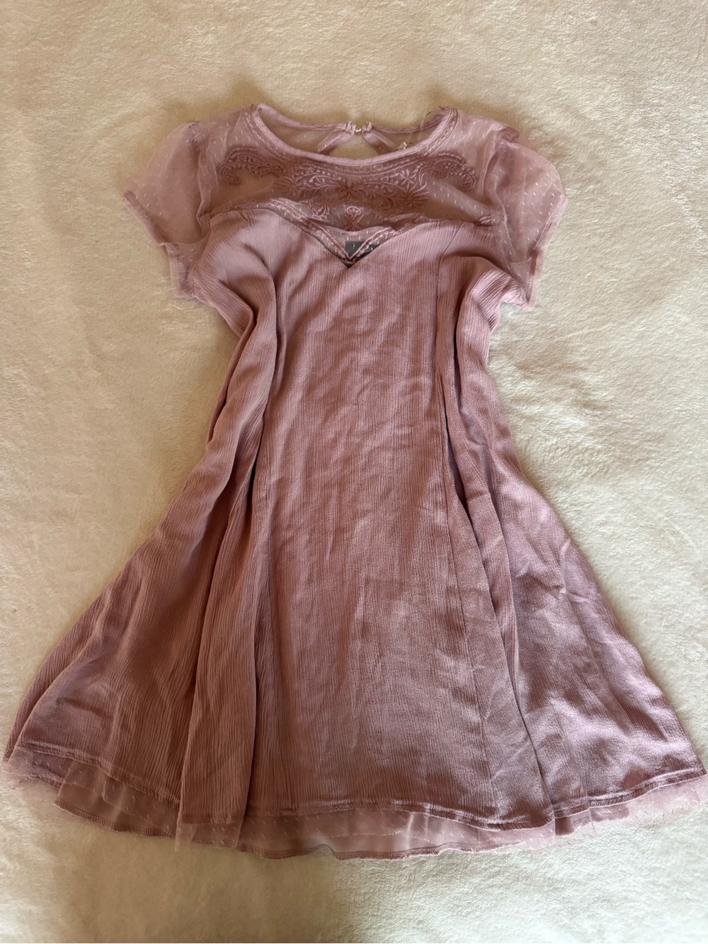Women Dusty Pink Short Sleeve Formal Dress with Mesh Yoke